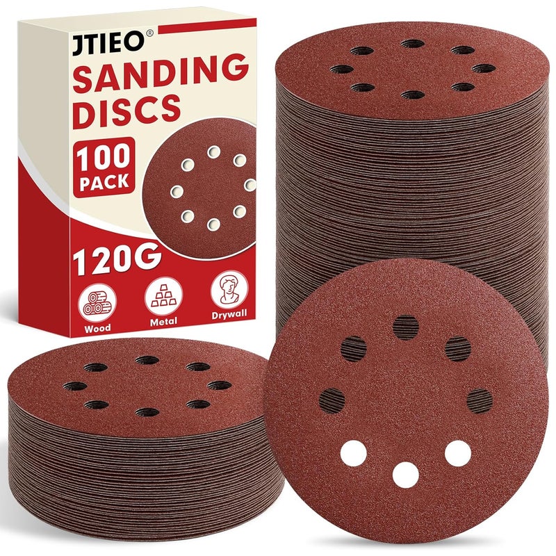 JTIEO 100PCS Sanding Discs 5 Inch, 120 Grit Orbital Sander Pads, Hook & Loop Sandpaper Pads, 8 Hole Round Sanding Discs for Random Orbital Sanders - Image 1